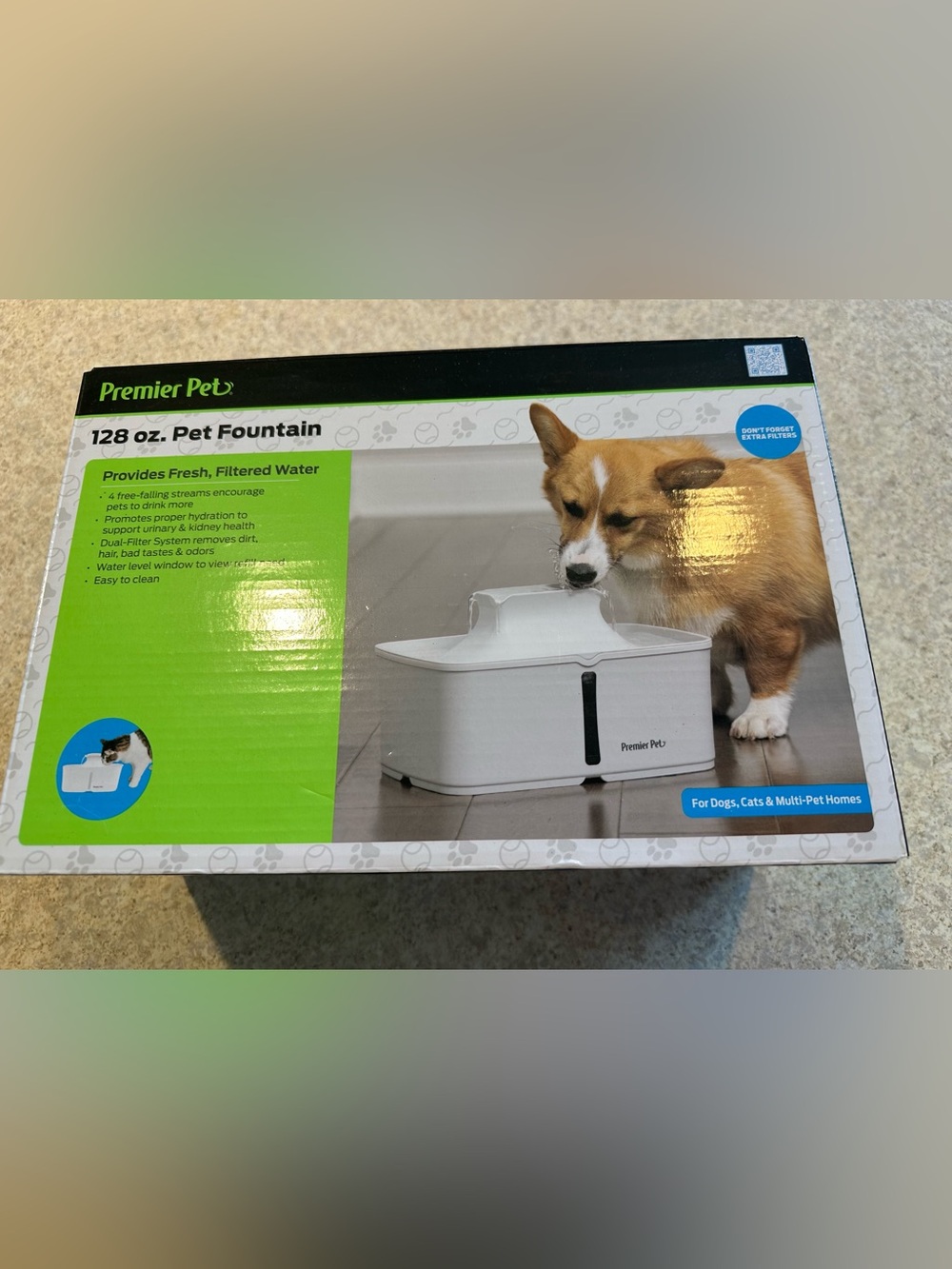 Premier Pet 128 oz. Grey Pet Fountain w/ extra filters- like new in box